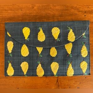 Kayu Raffia Embroidered Envelope Clutch, Blue/Yellow